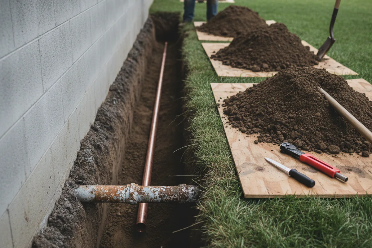 Excavated water line trench during Water Softener Installation in Mc Neil